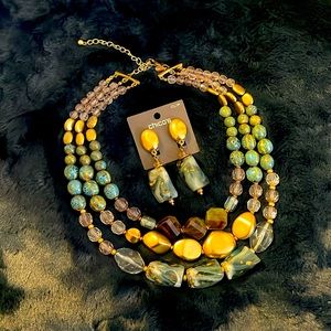 Chico’s 3-Strand Gray/Blue/Gold Necklace & Matching Clips
